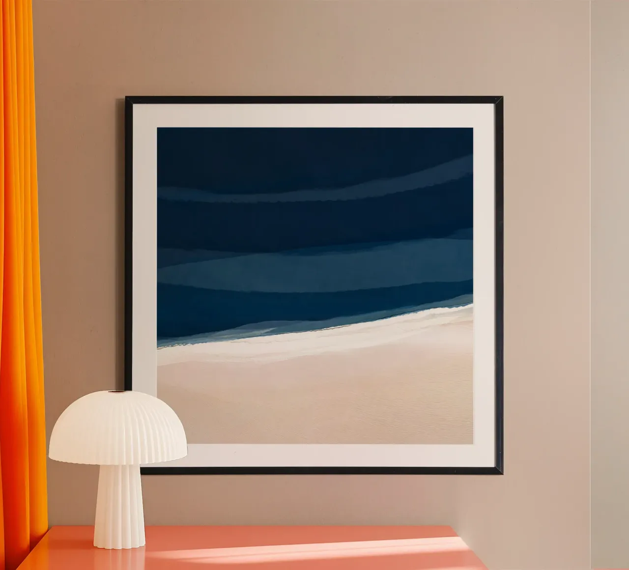 Minimal Beach Abstract 2 | Indigo and Tan poster con telaio in legno da sabidussi