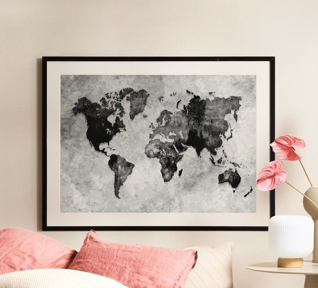 Black and white world map art poster by Justyna Jaszke JBJart