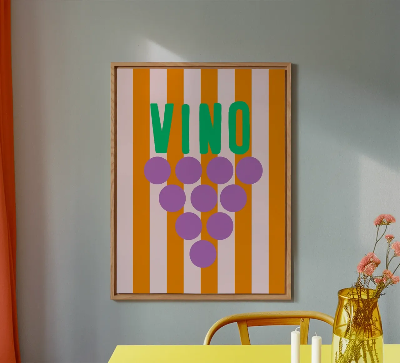 Verde vino con uva viola su strisce arancioni alluminio dibond da Alisa Knöß