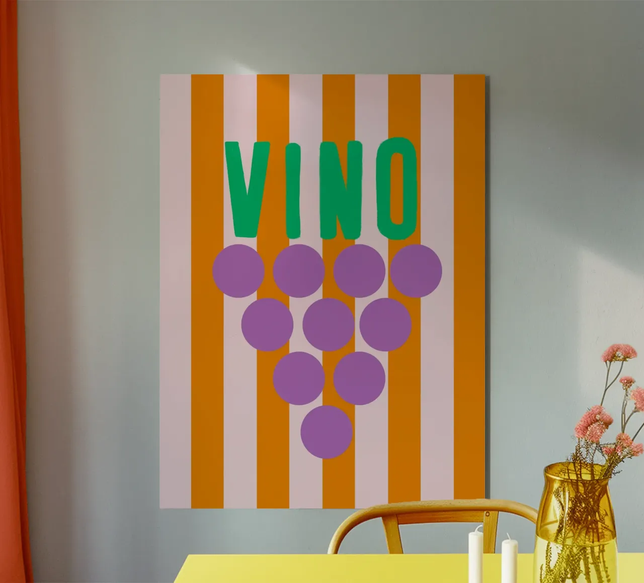 Verde vino con uva viola su strisce arancioni alluminio dibond da Alisa Knöß