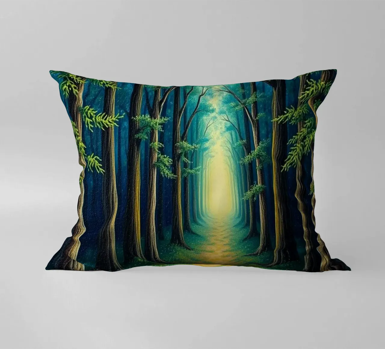 Enchanted Forest Path: A Serene Journey into a Luminous, Mag decorative cushion by Artistic-shop
