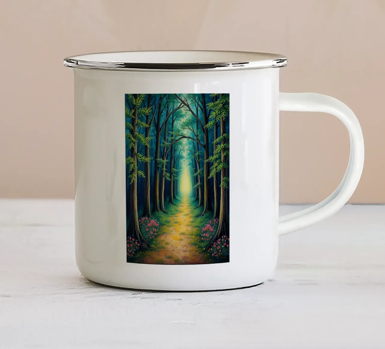 Enchanted Forest Path: A Serene Journey into a Luminous, Mag enamel mug by Artistic-shop