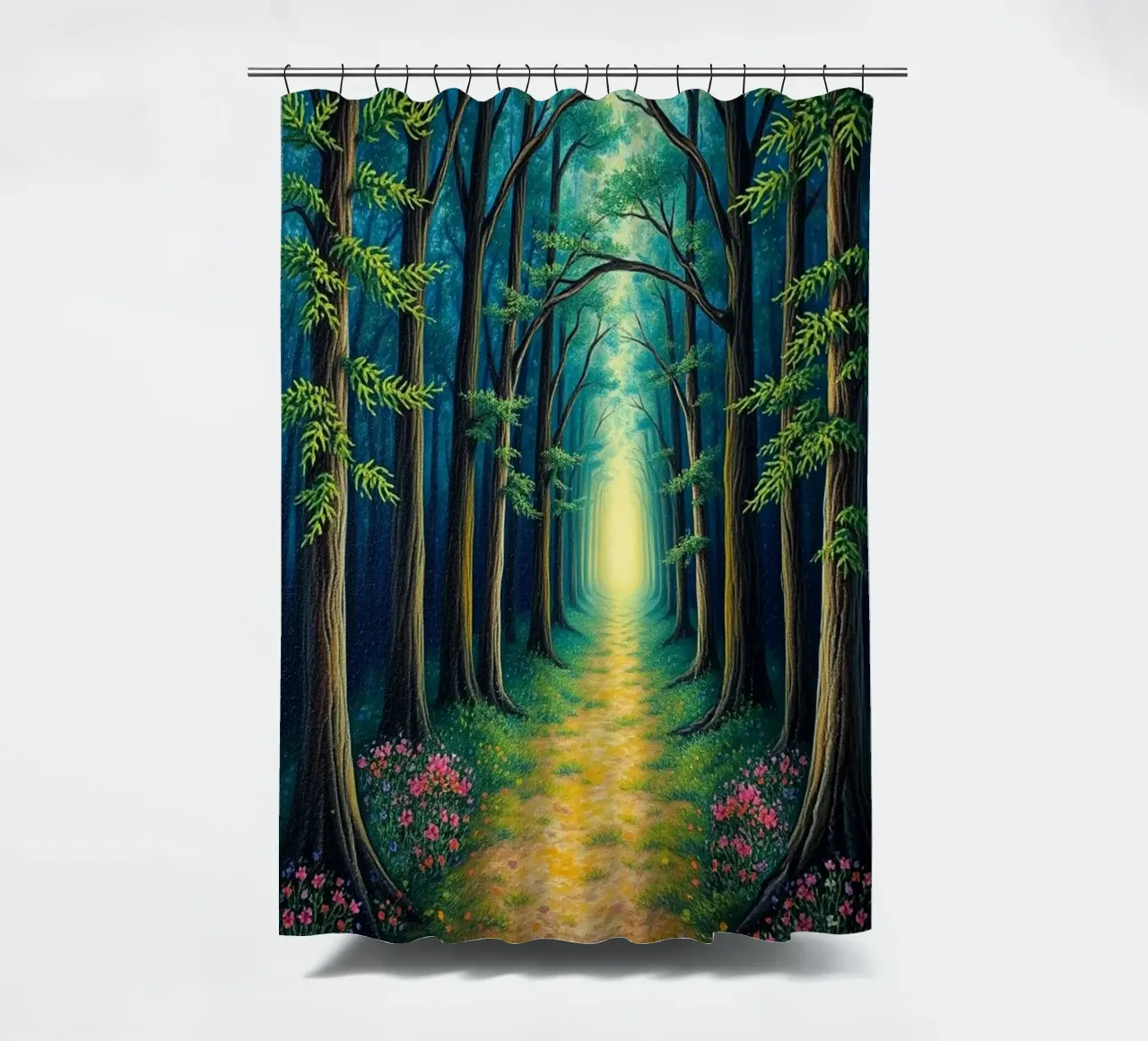 Enchanted Forest Path: A Serene Journey into a Luminous, Mag shower curtain by Artistic-shop