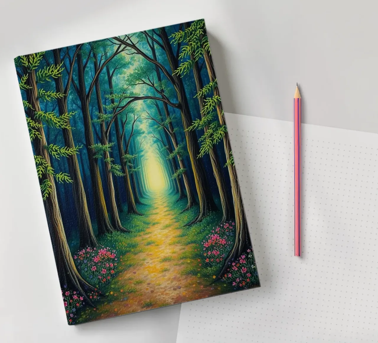 Enchanted Forest Path: A Serene Journey into a Luminous, Mag notebook by Artistic-shop