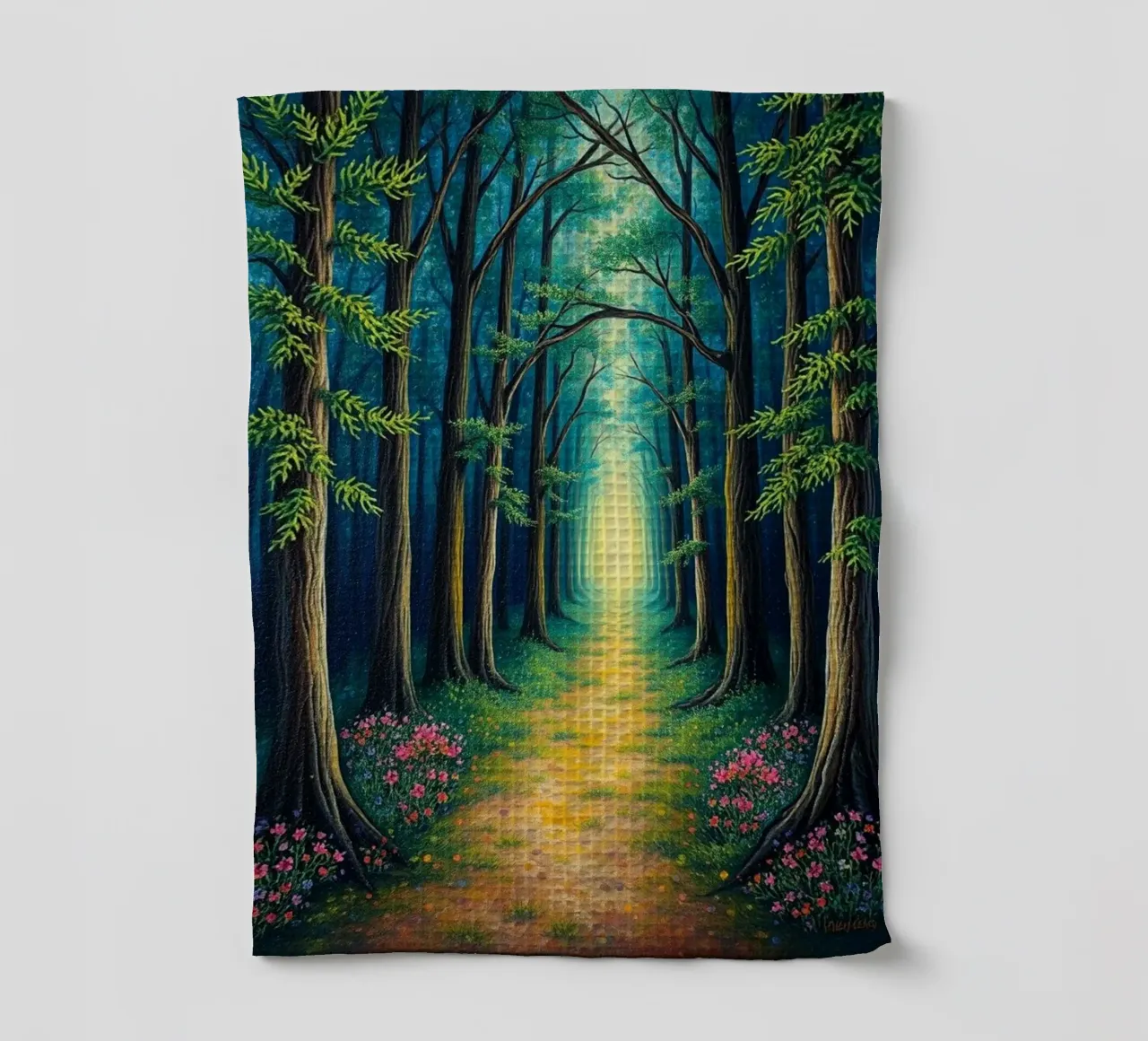 Le chemin de la forêt enchantée : Un voyage serein dans une forêt lumineuse, mag torchon de Artistic-shop