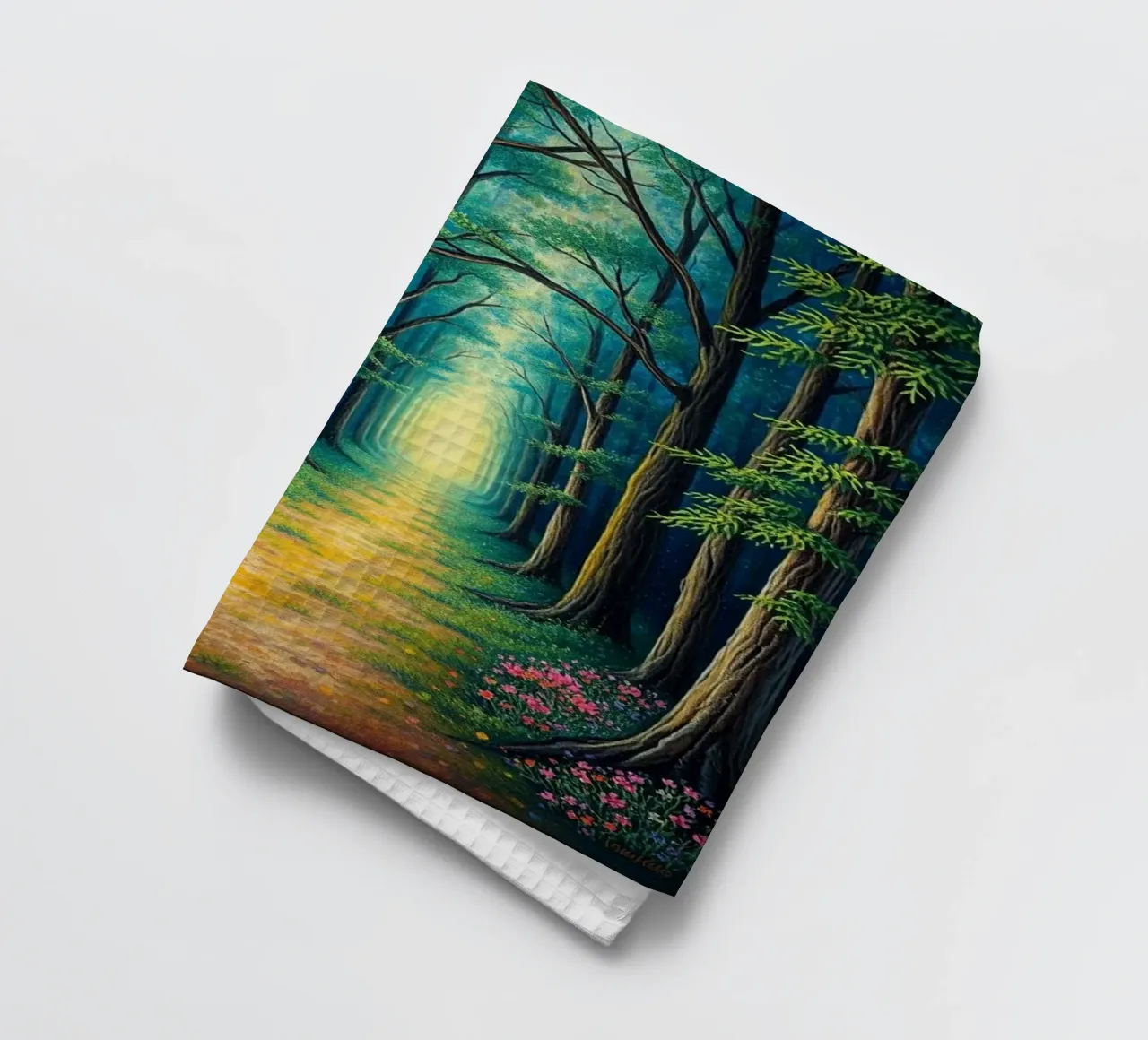 Le chemin de la forêt enchantée : Un voyage serein dans une forêt lumineuse, mag torchon de Artistic-shop