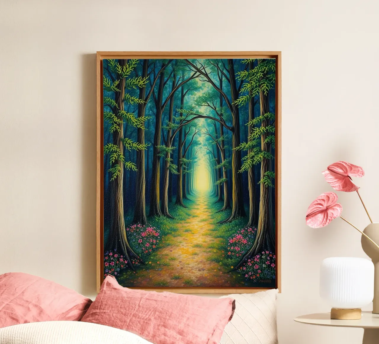 Il sentiero della foresta incantata: Un viaggio sereno in una foresta luminosa e magica. tela con Cornice a cassetta da Artistic-shop