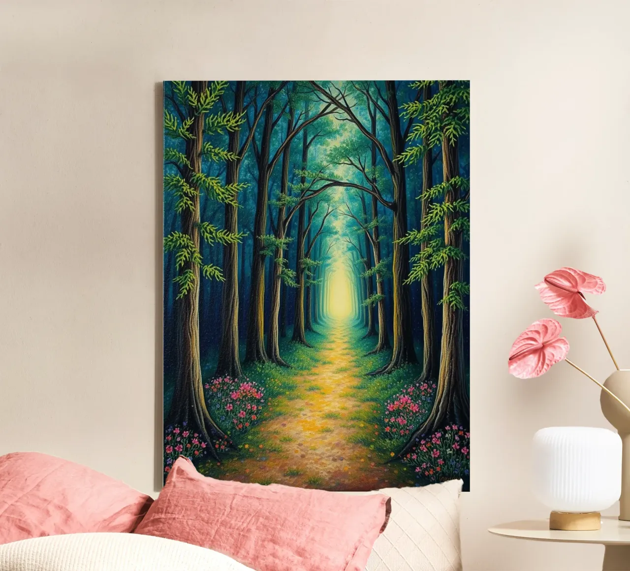 Il sentiero della foresta incantata: Un viaggio sereno in una foresta luminosa e magica. tela con Cornice a cassetta da Artistic-shop