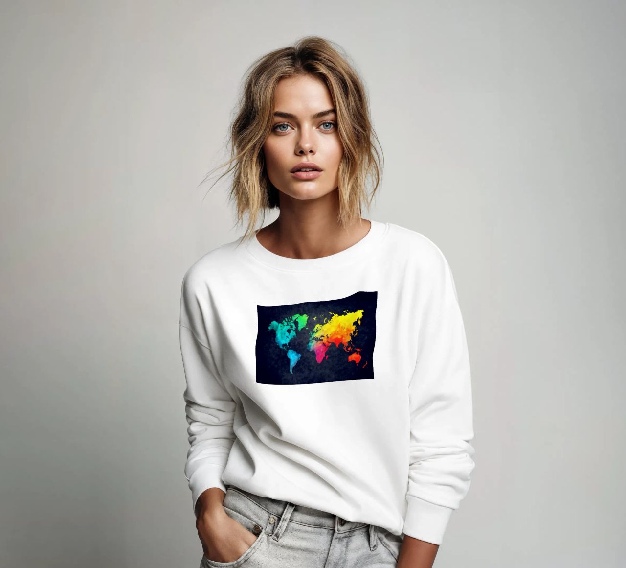 Dark and colors map of the world art sweatshirt by Justyna Jaszke JBJart