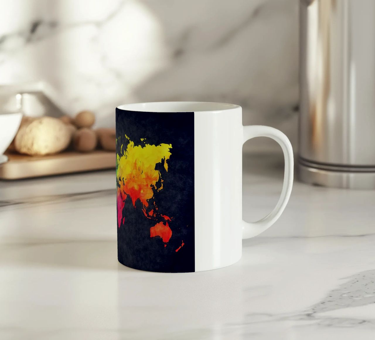 Dark and colors map of the world art ceramic mug by Justyna Jaszke JBJart