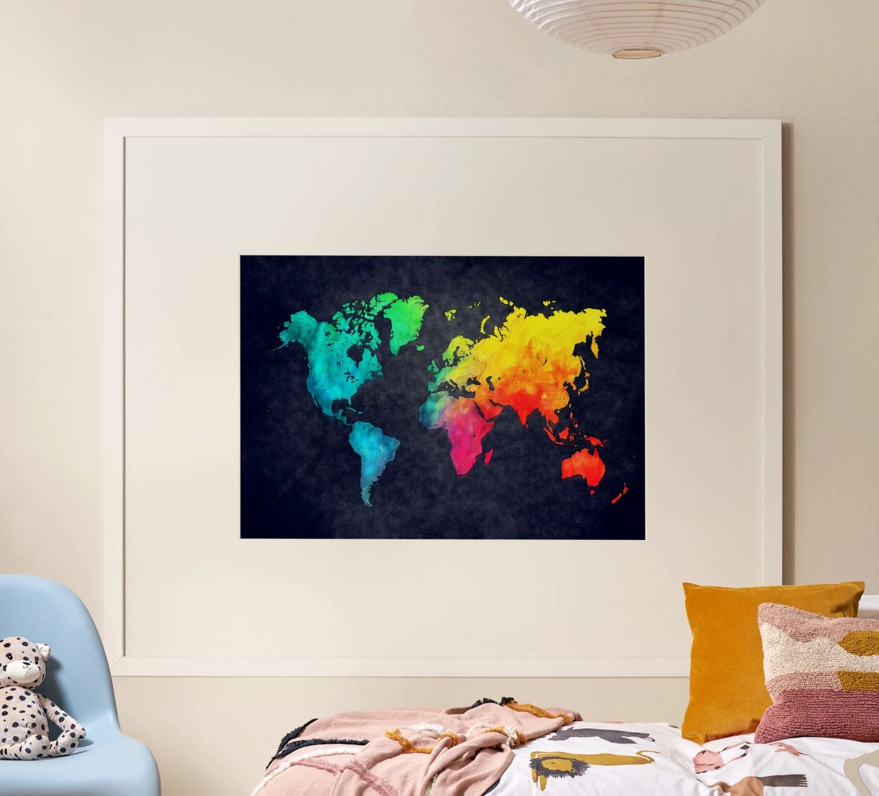 Dark and colors map of the world art poster by Justyna Jaszke JBJart