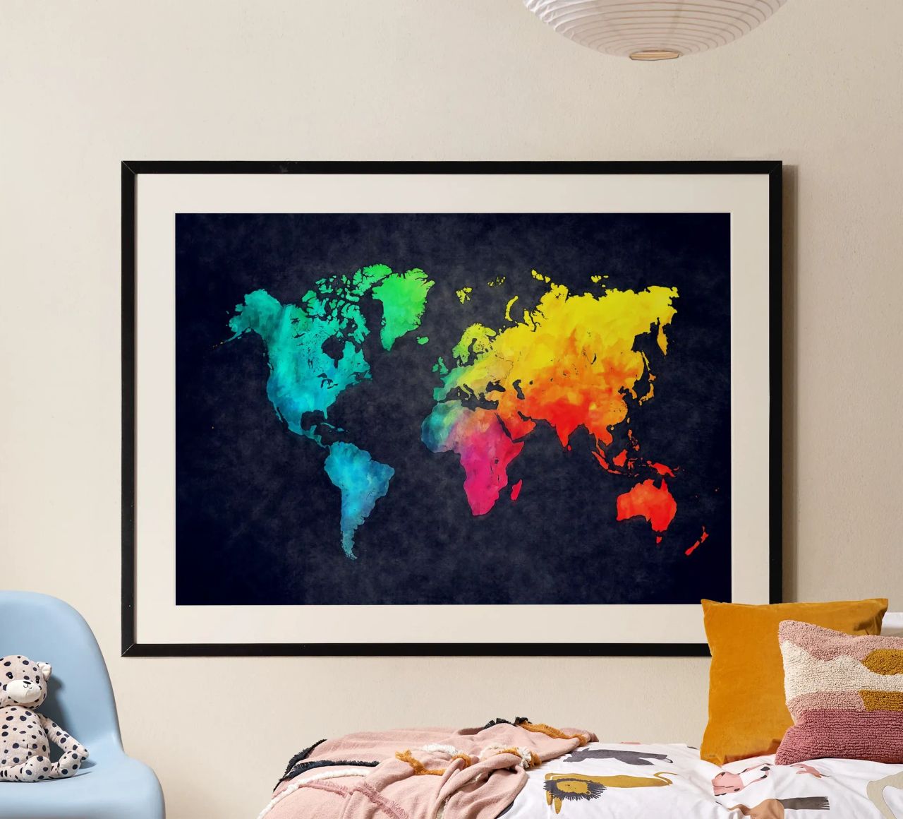 Dark and colors map of the world art poster by Justyna Jaszke JBJart