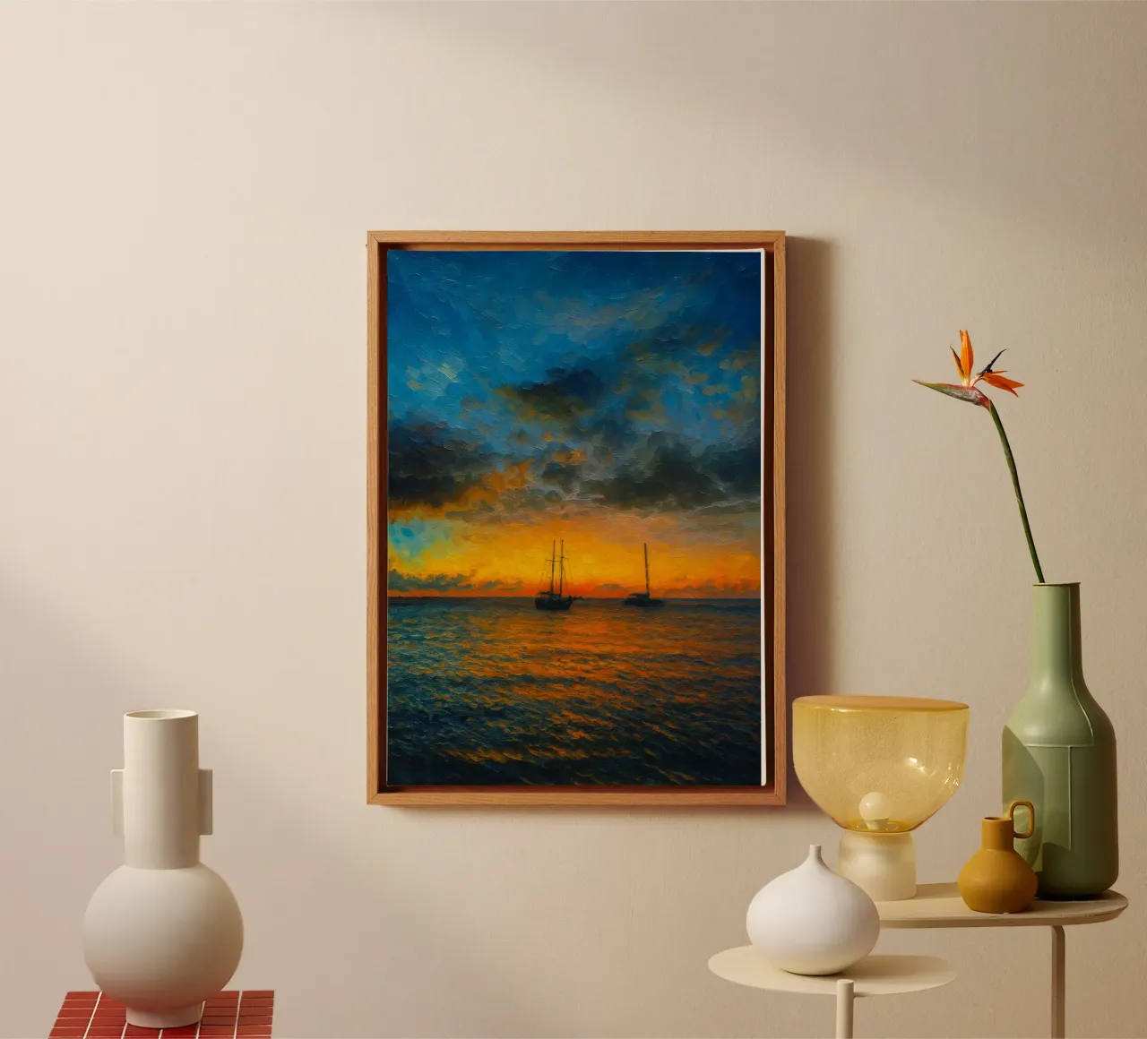 Fischerboote Segeln auf dem Meer Natur Gemälde Leinwand mit Schattenfugenrahmen von giantshop