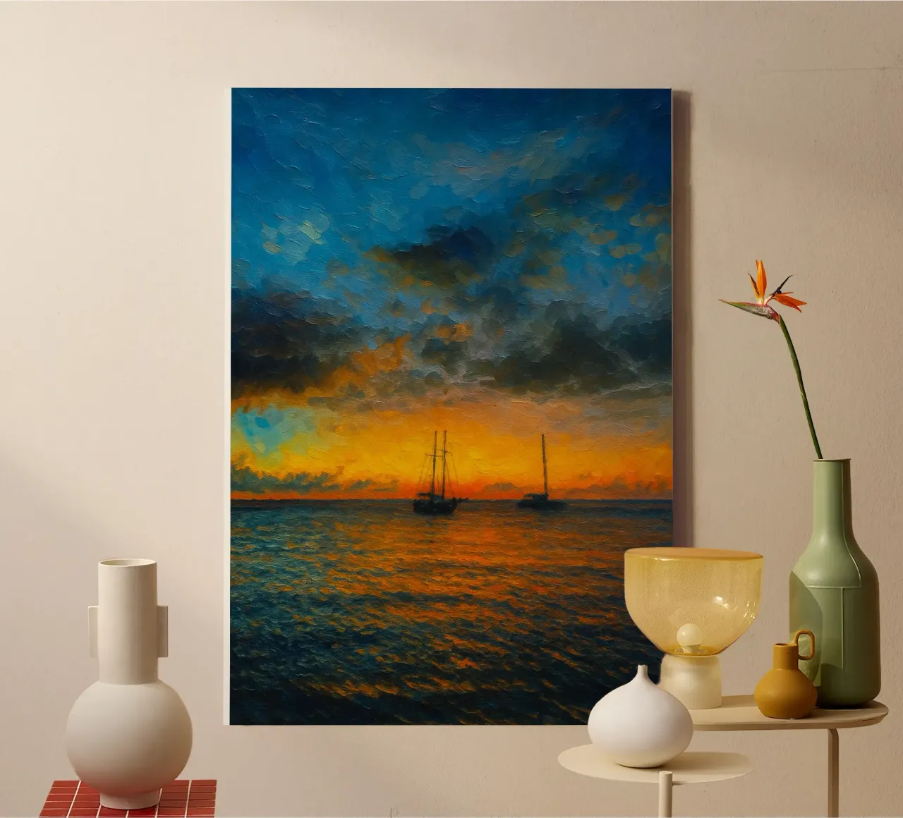 Fischerboote Segeln auf dem Meer Natur Gemälde Leinwand mit Schattenfugenrahmen von giantshop