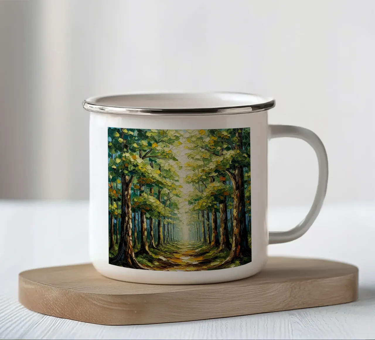 Der sonnenverwöhnte Pfad: Ein strukturiertes Palettenmesser-Ölgemälde Emaille Tasse von Artistic-shop