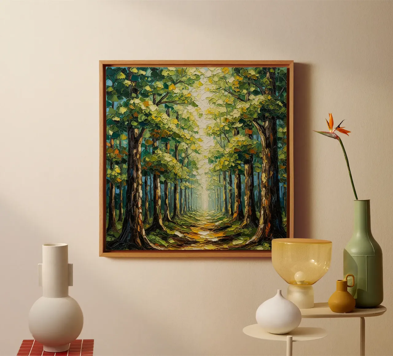 Il sentiero bagnato dal sole: Pittura a olio a coltello con texture tela con Cornice a cassetta da Artistic-shop
