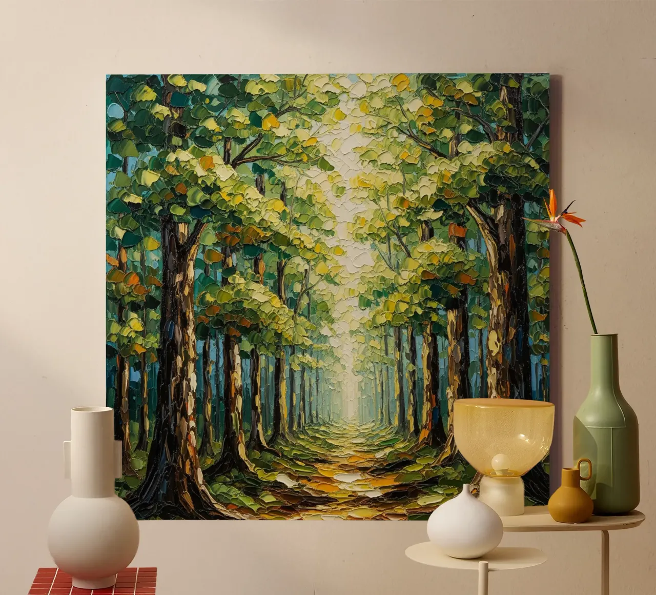 Il sentiero bagnato dal sole: Pittura a olio a coltello con texture tela con Cornice a cassetta da Artistic-shop