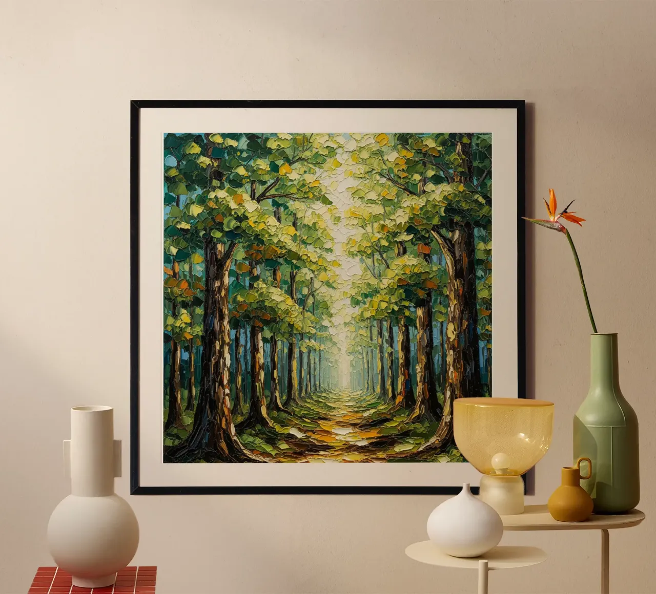 Il sentiero bagnato dal sole: Pittura a olio a coltello con texture poster con telaio in alluminio da Artistic-shop