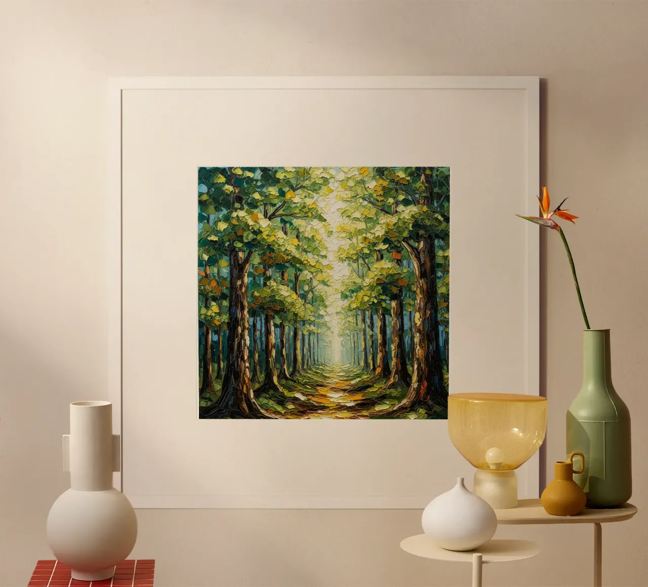 Il sentiero bagnato dal sole: Pittura a olio a coltello con texture poster con telaio in alluminio da Artistic-shop