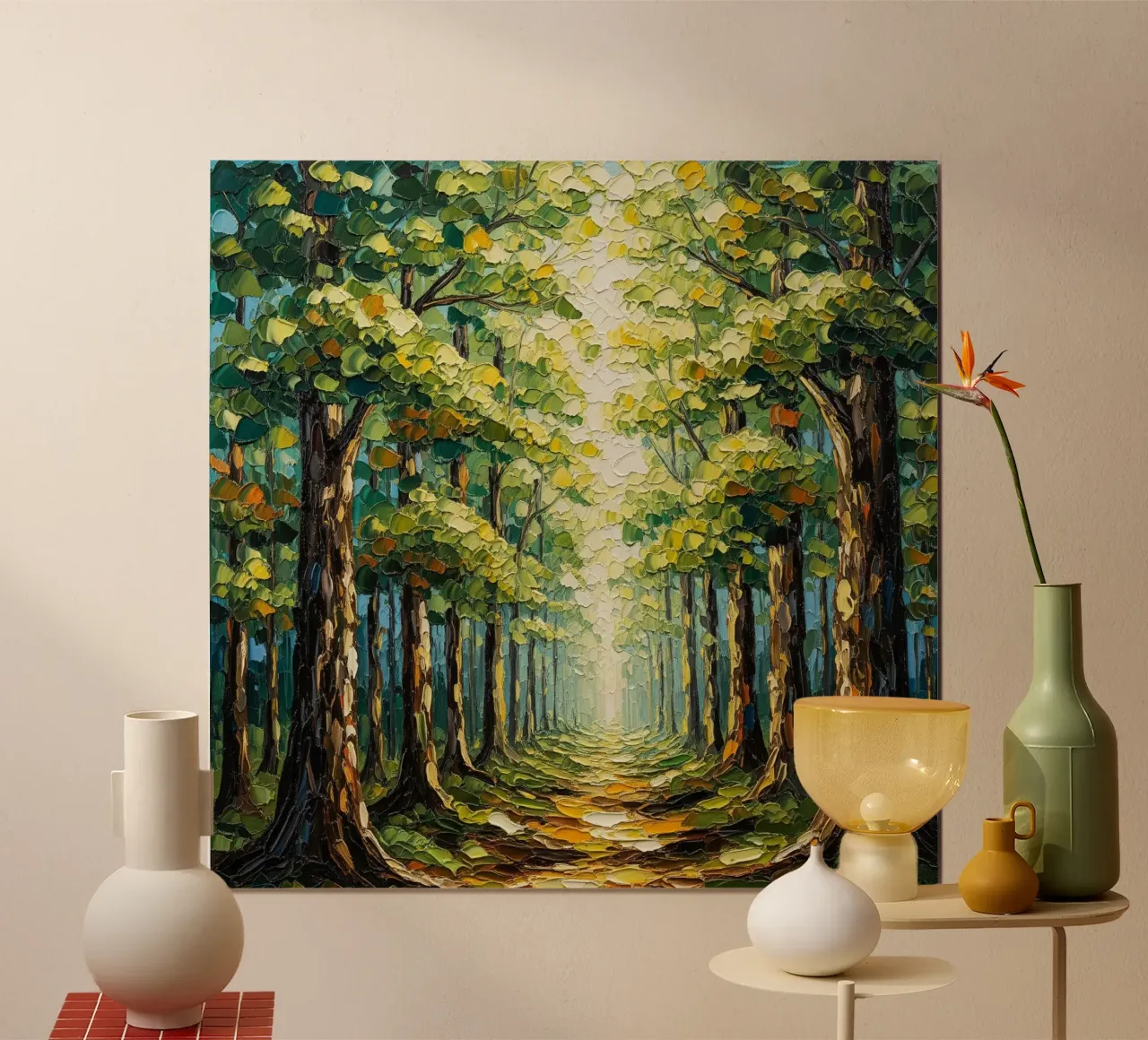 Il sentiero bagnato dal sole: Pittura a olio a coltello con texture poster con telaio in alluminio da Artistic-shop