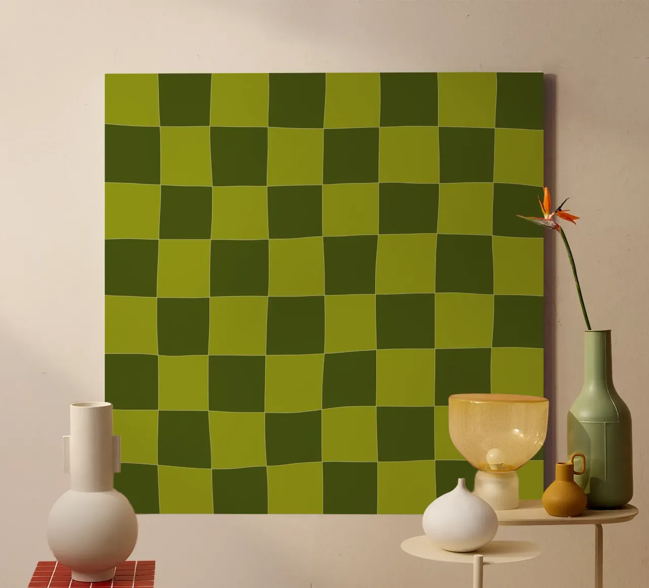 Groovy retro vibrant pattern checks- Sap green canvas van TijanaArtStudio88