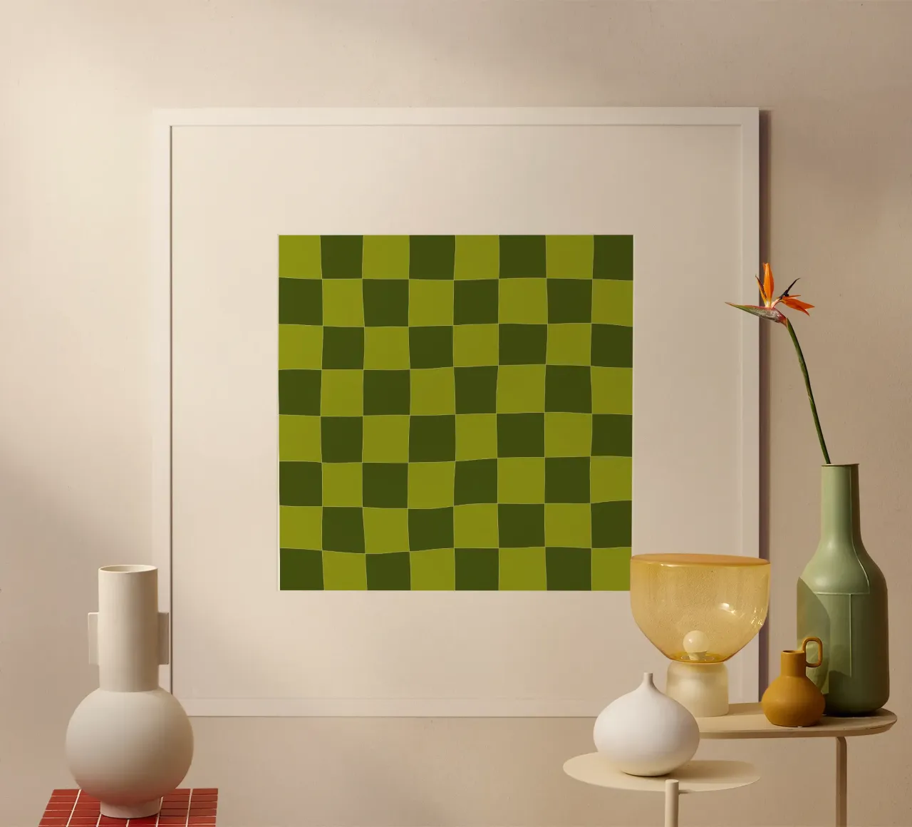 Groovy retro vibrant pattern checks- Sap green Poster mit Kunststoffrahmen von TijanaArtStudio88