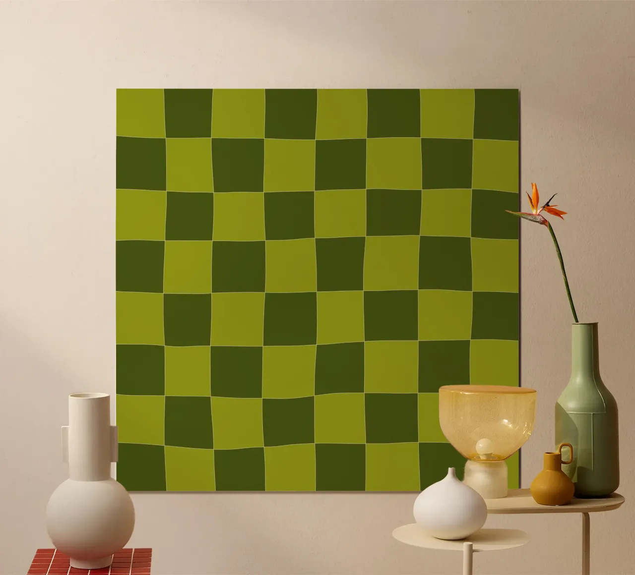 Groovy retro vibrant pattern checks- Sap green Poster mit Kunststoffrahmen von TijanaArtStudio88