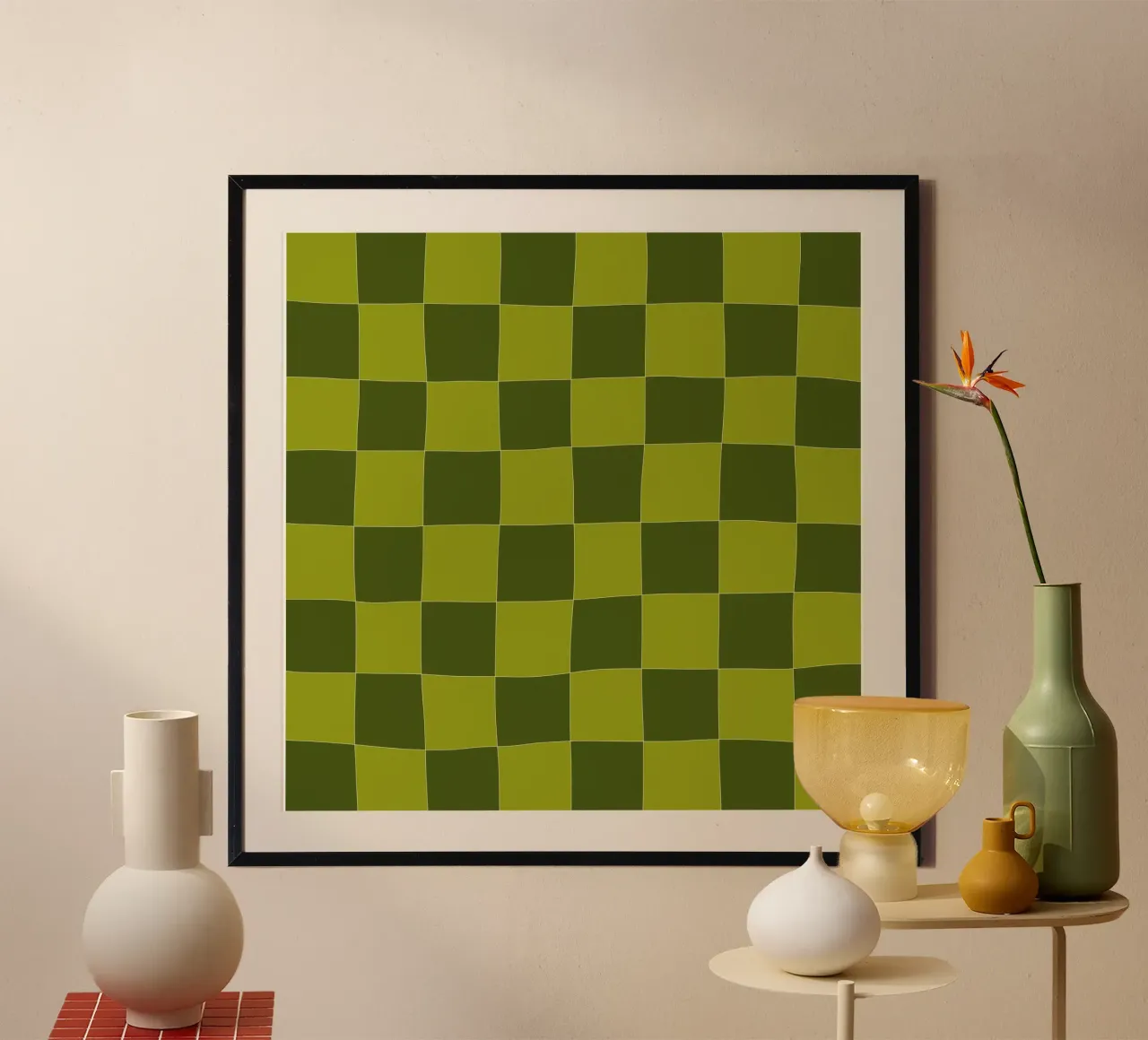 Groovy retro vibrant pattern checks- Sap green Poster mit Kunststoffrahmen von TijanaArtStudio88