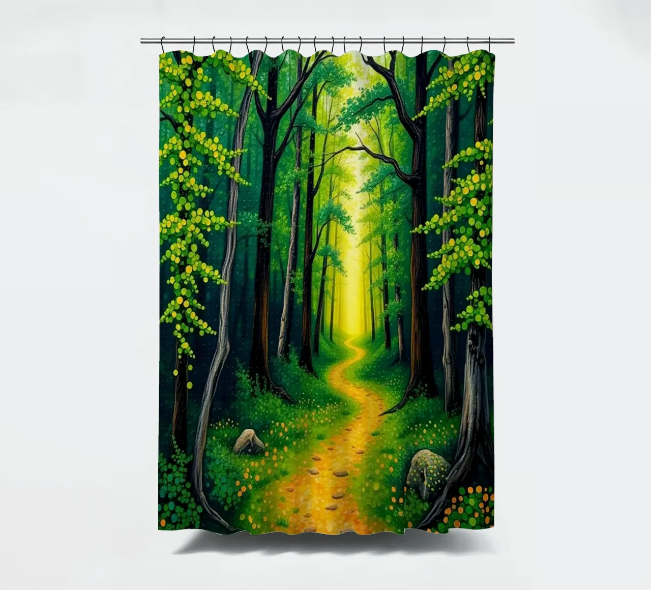 Verzauberter Waldpfad: Eine Reise durch die Smaragdwälder Duschvorhang von Artistic-shop