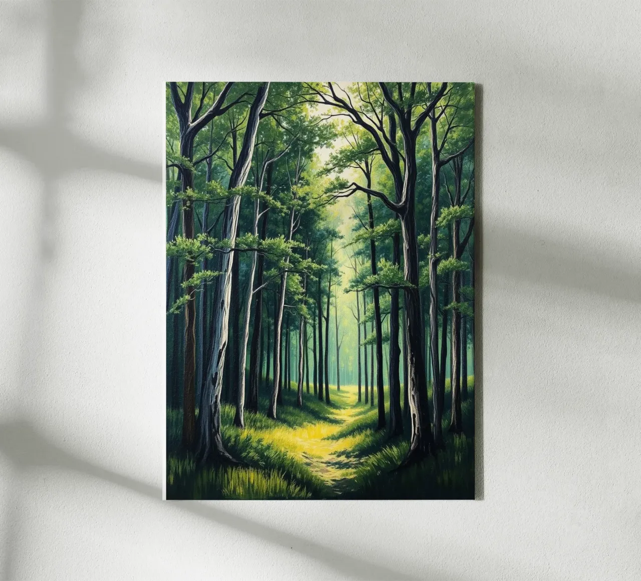 Il sentiero della foresta incantata: Un viaggio attraverso i boschi illuminati dal sole e le foreste tela con Cornice a cassetta da Artistic-shop