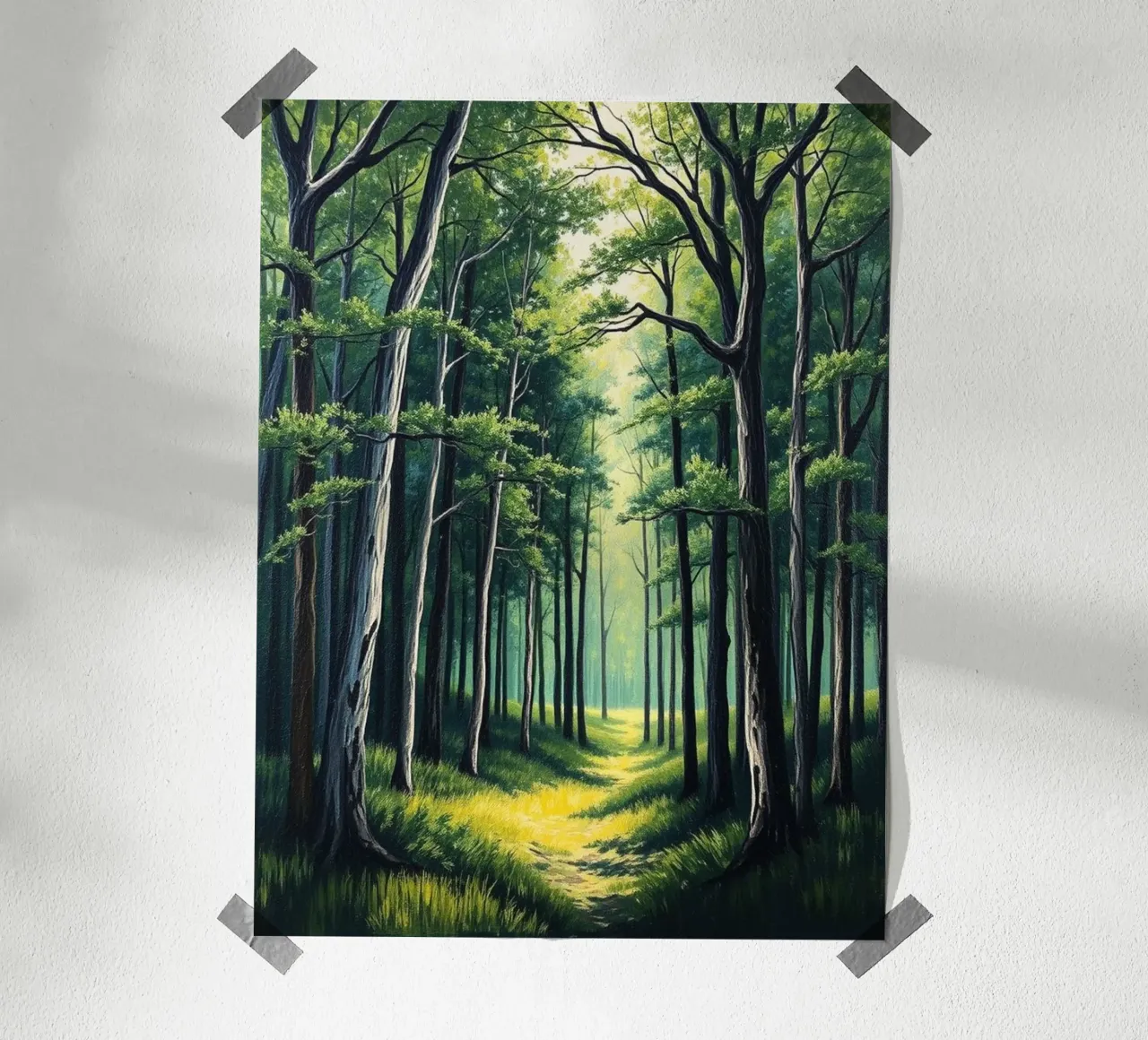 Il sentiero della foresta incantata: Un viaggio attraverso i boschi illuminati dal sole e le foreste poster da Artistic-shop