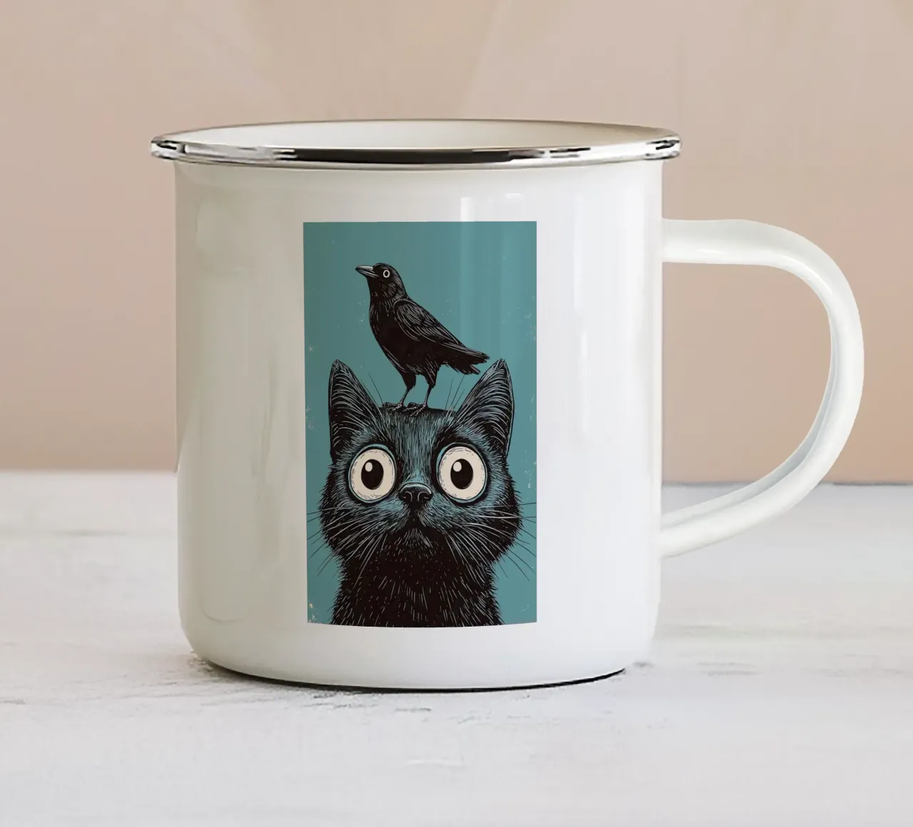 Gatto e corvo tazza in smalto da Arjun