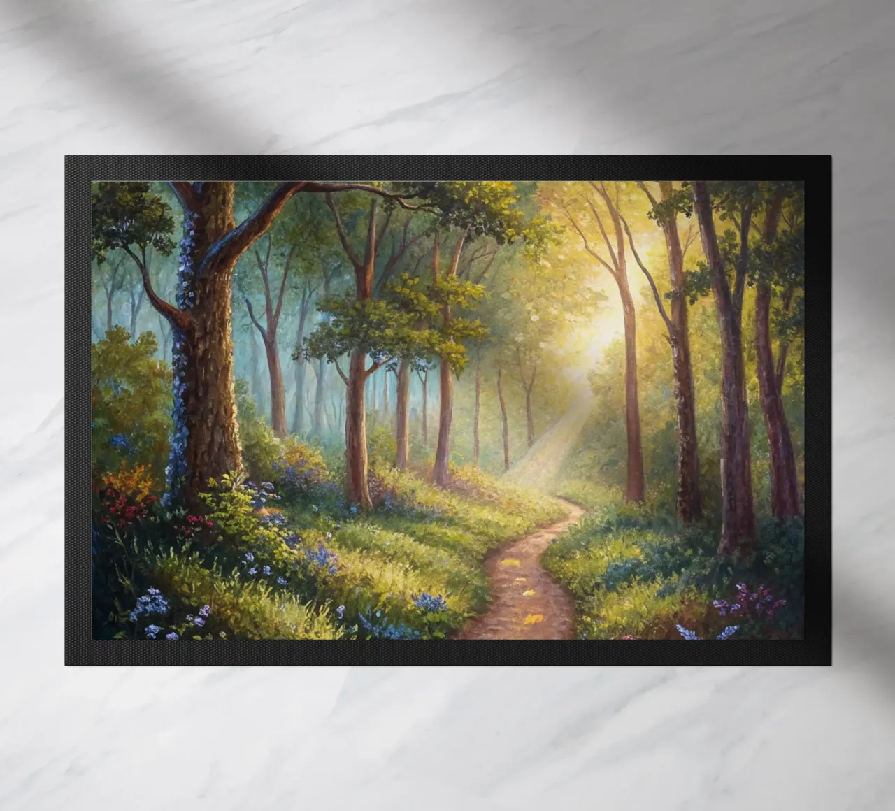 Sunlit Forest Path doormat by Artistic-shop