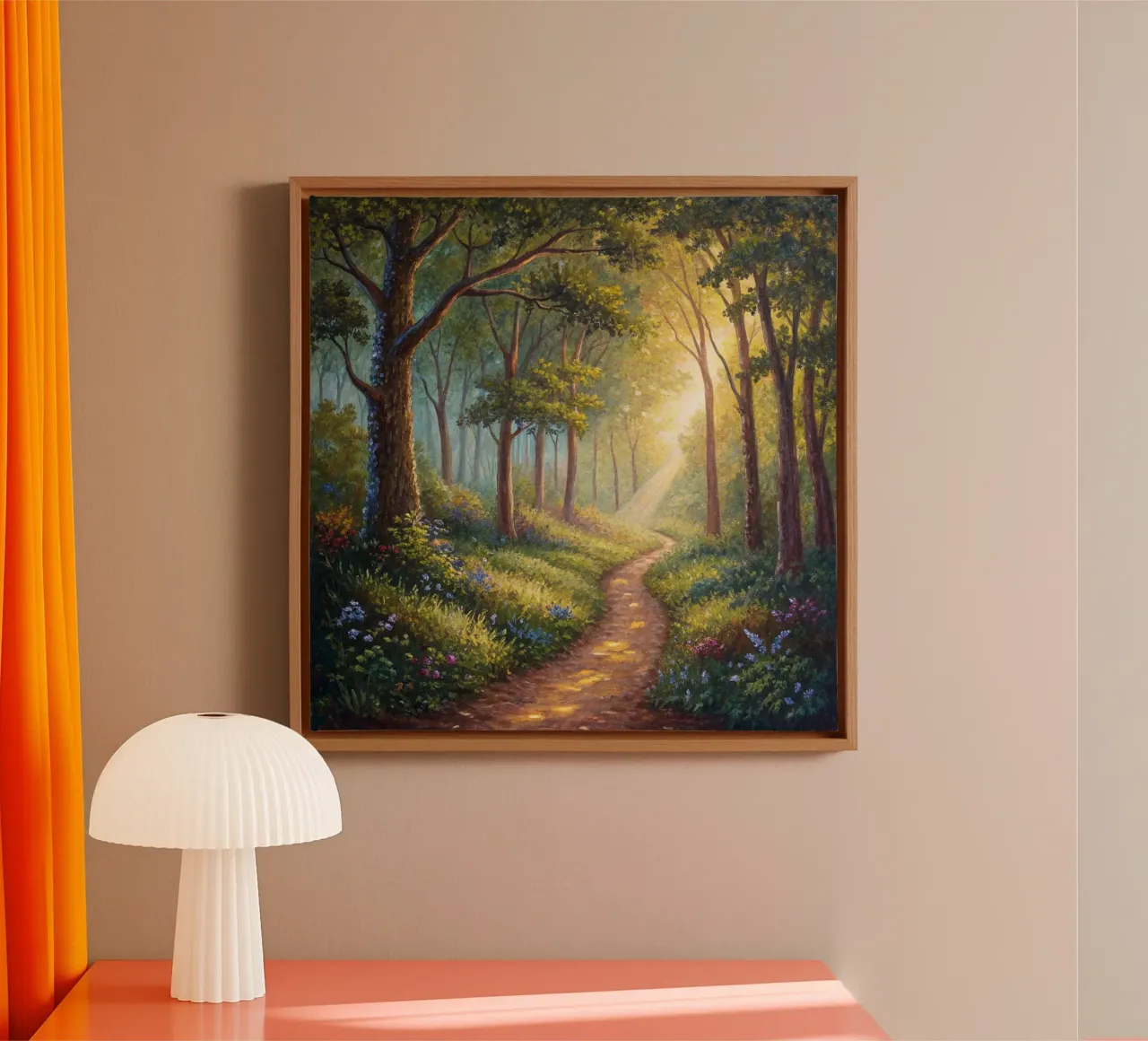 Sentiero forestale illuminato dal sole tela con Cornice a cassetta da Artistic-shop