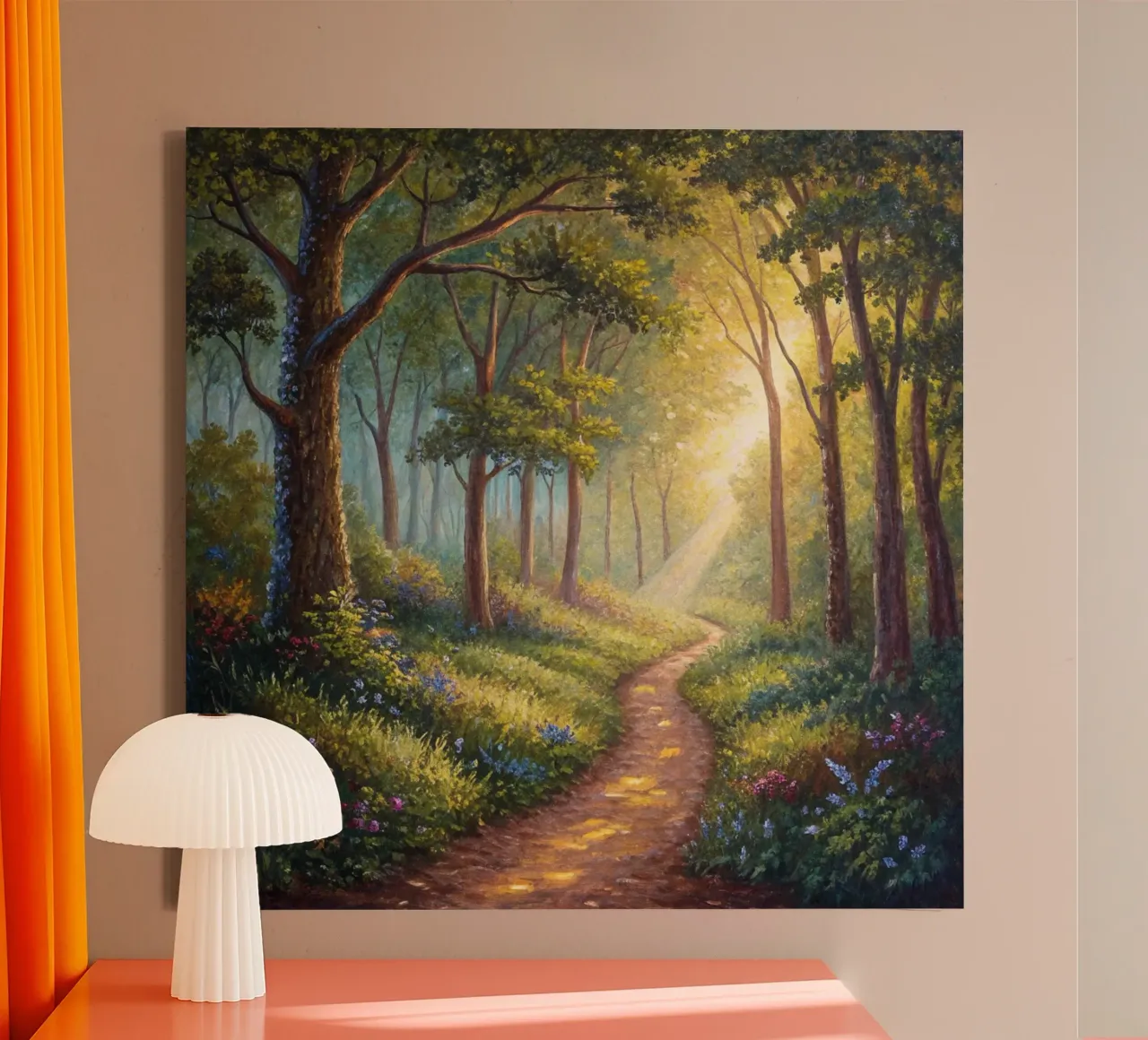 Sentiero forestale illuminato dal sole tela con Cornice a cassetta da Artistic-shop
