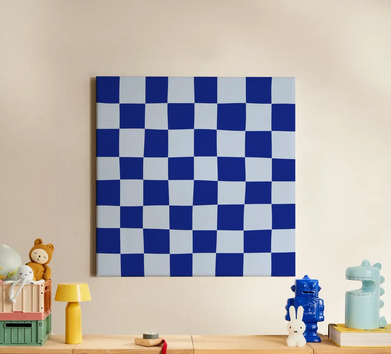 Groovy retro vibrant pattern checks- Blue tela da TijanaArtStudio88
