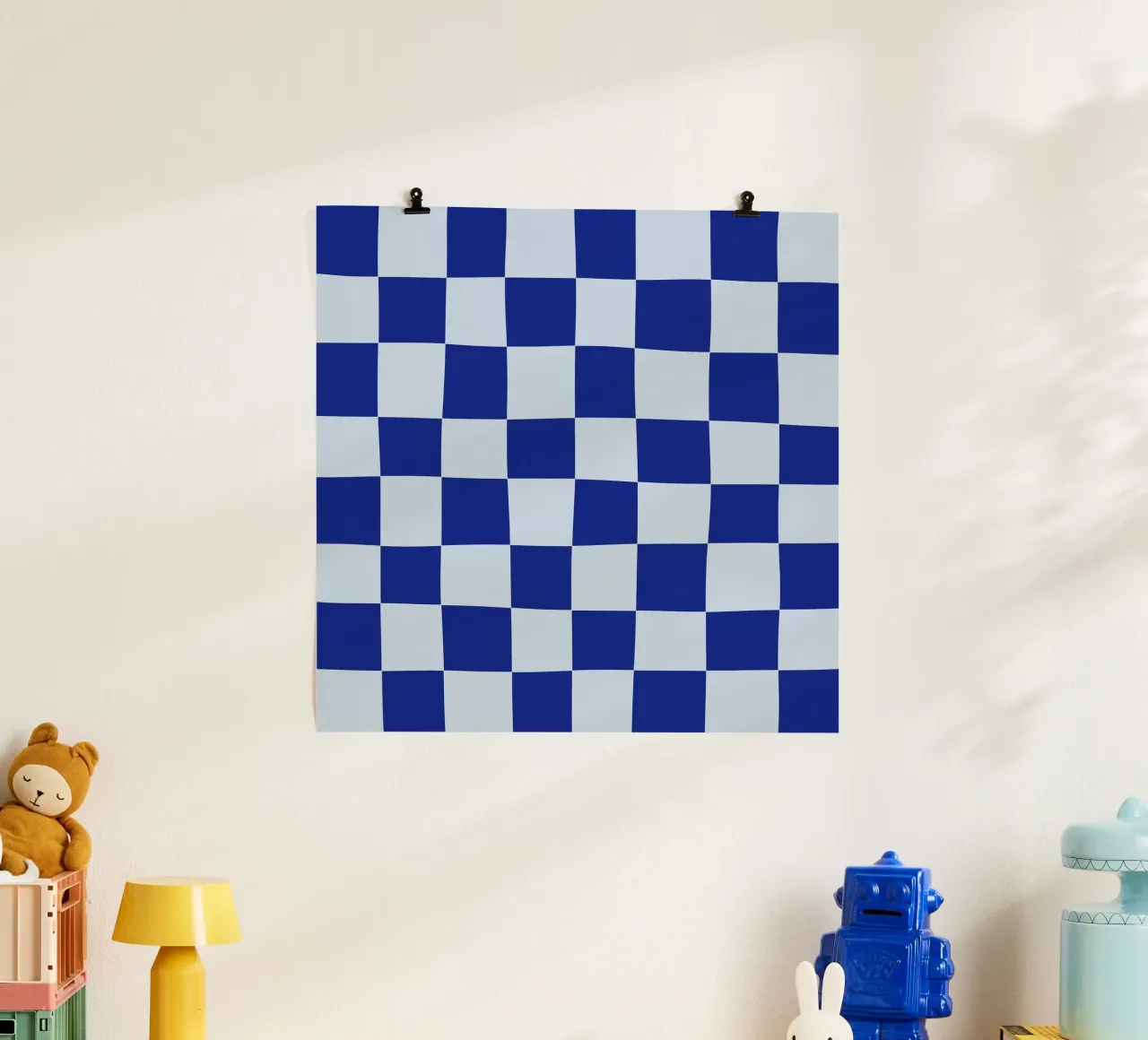 Groovy retro vibrant pattern checks- Blue Poster mit Kunststoffrahmen von TijanaArtStudio88
