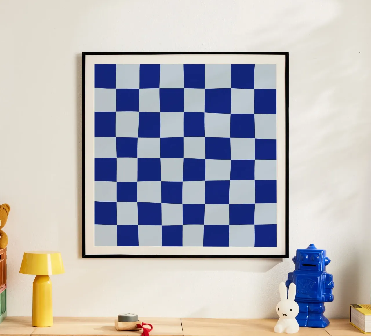 Groovy retro vibrant pattern checks- Blue Poster mit Kunststoffrahmen von TijanaArtStudio88