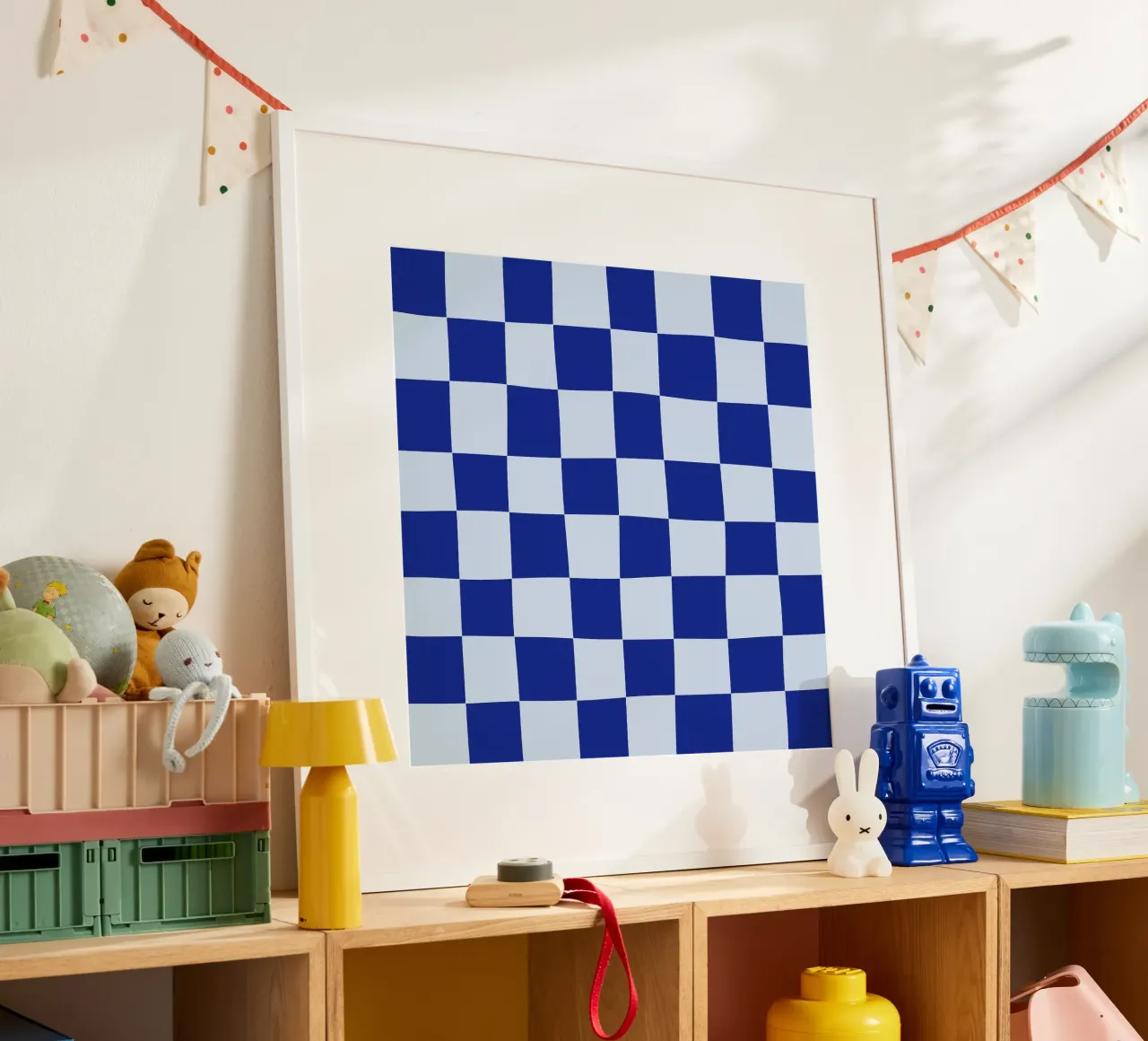 Groovy retro vibrant pattern checks- Blue Poster mit Kunststoffrahmen von TijanaArtStudio88