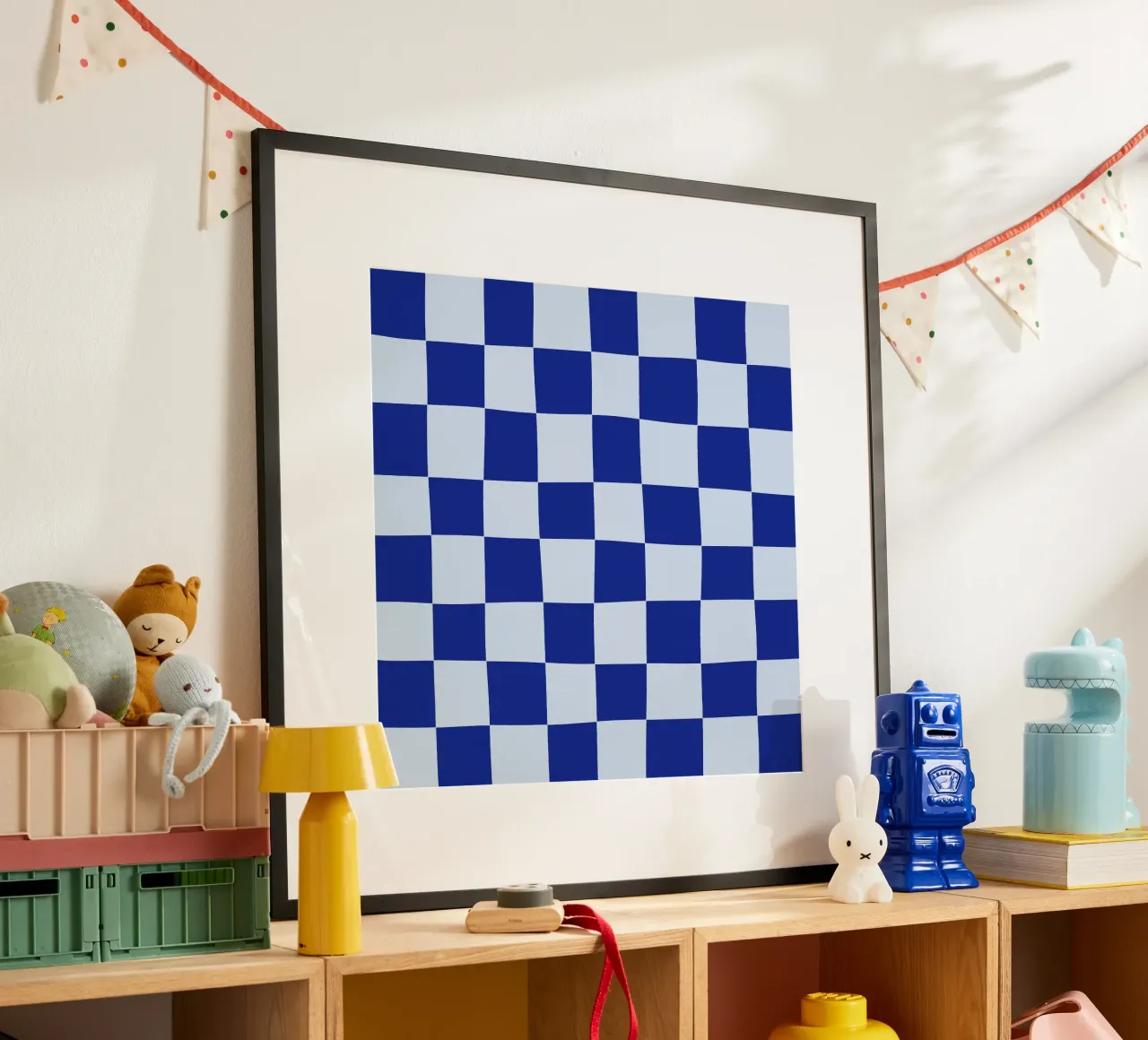 Groovy retro vibrant pattern checks- Blue Poster mit Kunststoffrahmen von TijanaArtStudio88