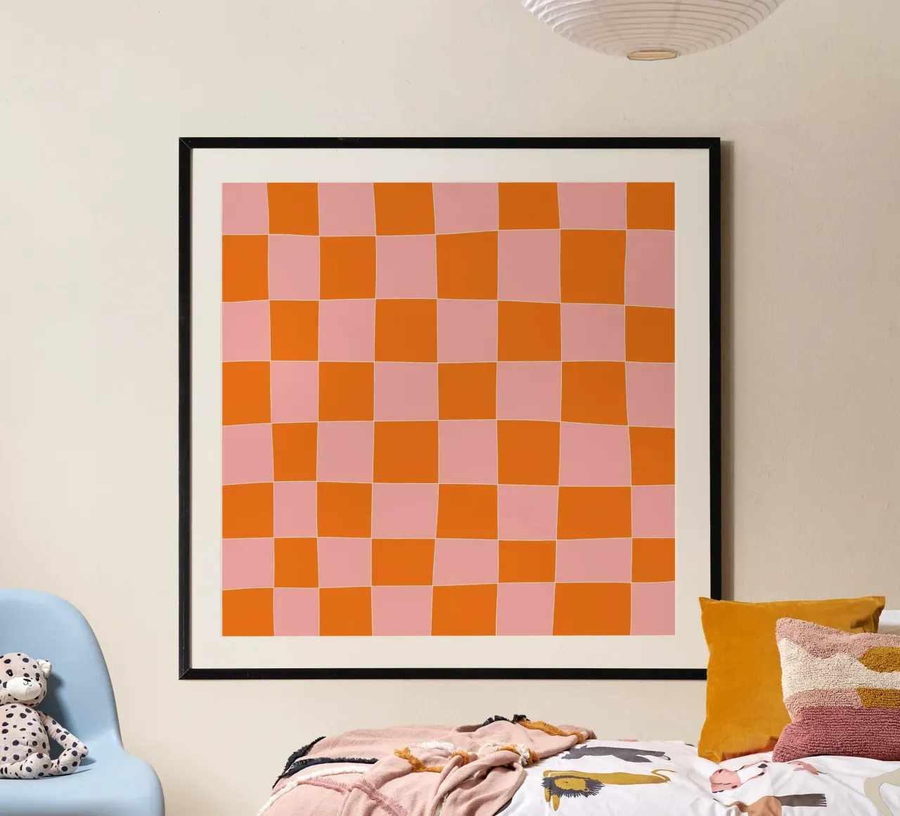 Groovy retro vibrant pattern checks- Orange pink Poster mit Kunststoffrahmen von TijanaArtStudio88