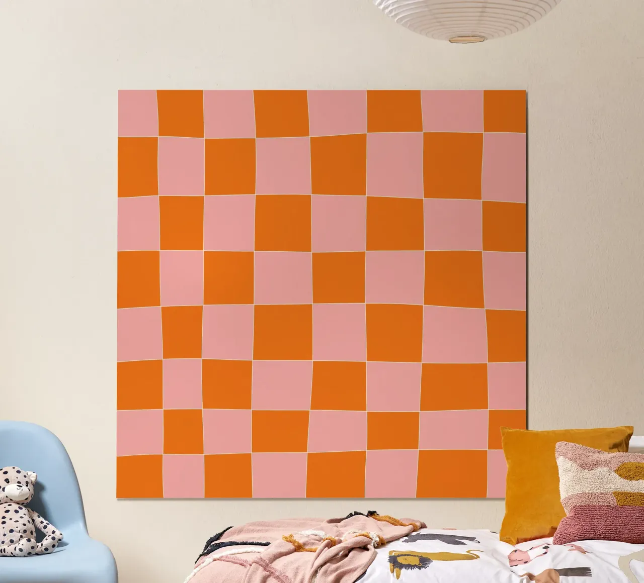 Groovy retro vibrant pattern checks- Orange pink Poster mit Kunststoffrahmen von TijanaArtStudio88