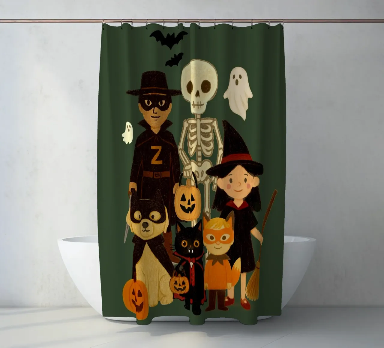 Illustrazione della piccola banda di Halloween tenda da doccia da Taika Tori Art