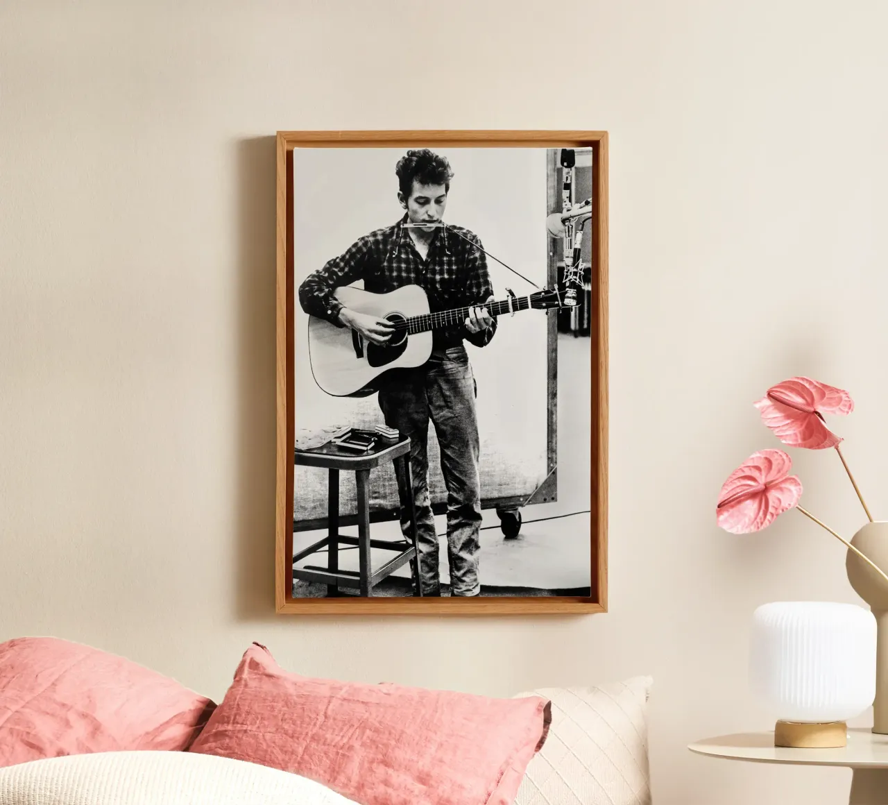 Bob Dylan met harmonica en gitaar canvas met Baklijst van April Lewis