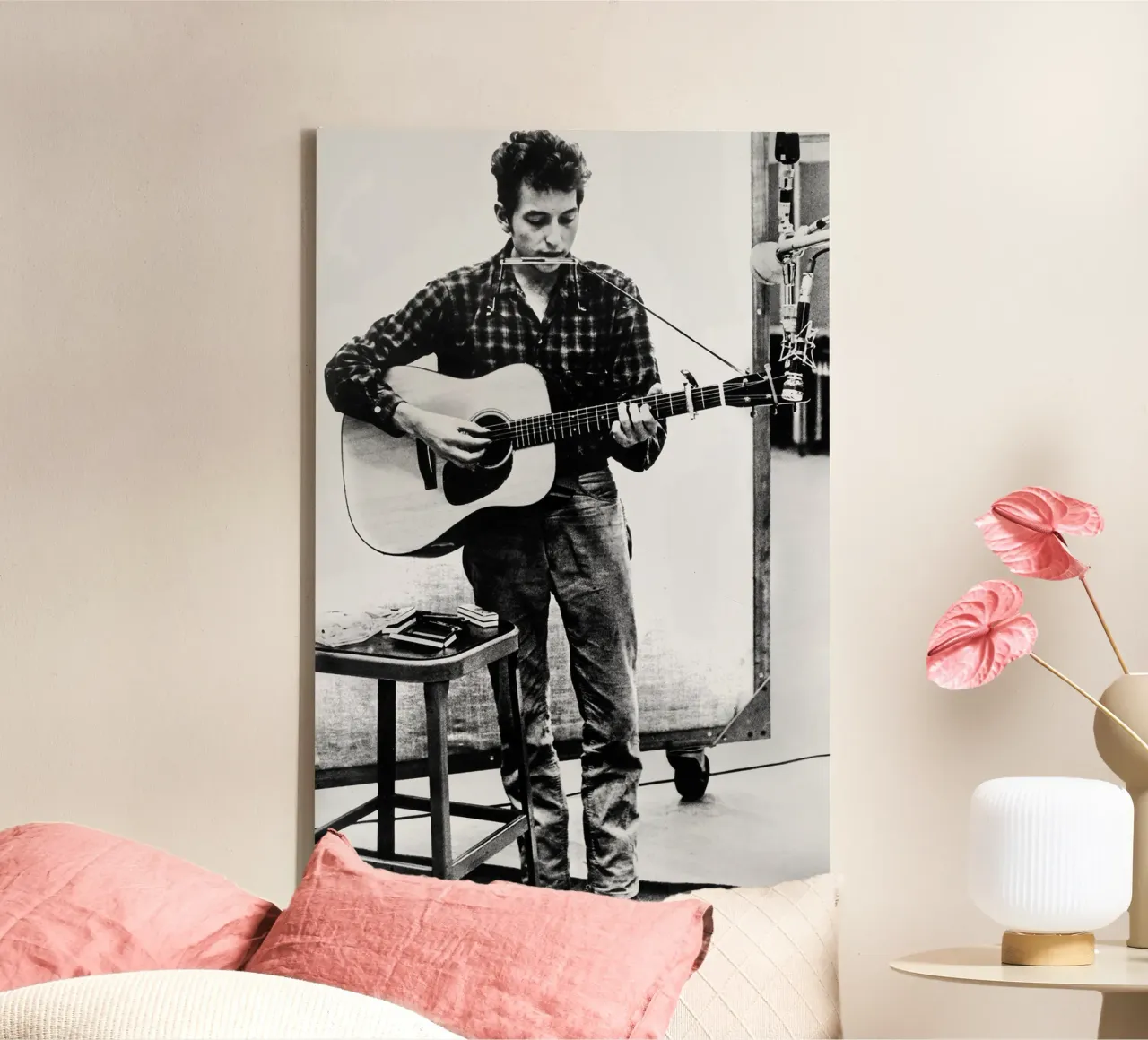 Bob Dylan met harmonica en gitaar canvas met Baklijst van April Lewis