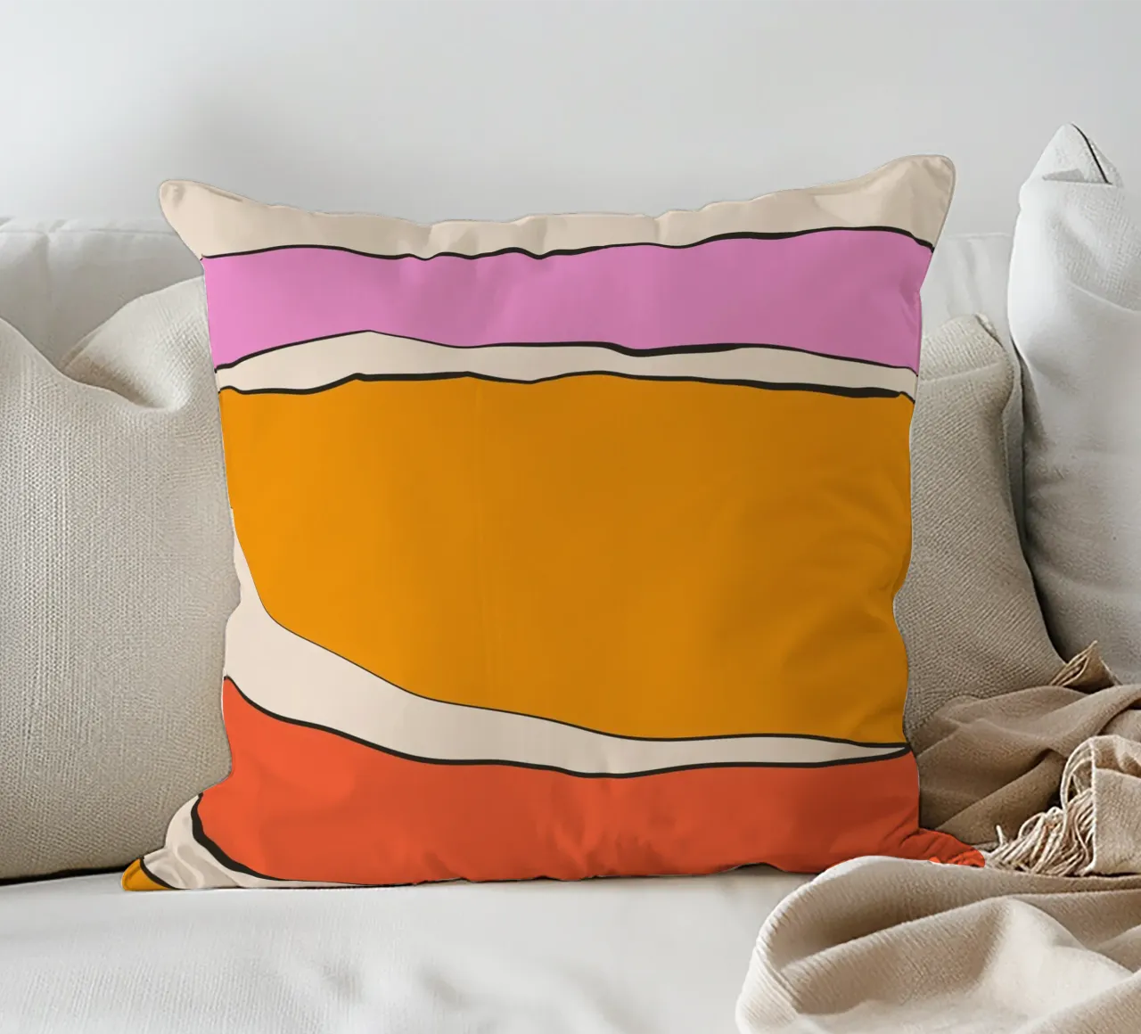 Warm pink orange lines decorative cushion by BAINAI