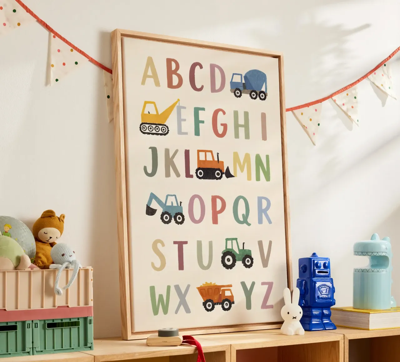 Póster ABC con vehículos de construcción - Abecedario infantil con vehículos lienzo con Marco flotante de KidzStudio