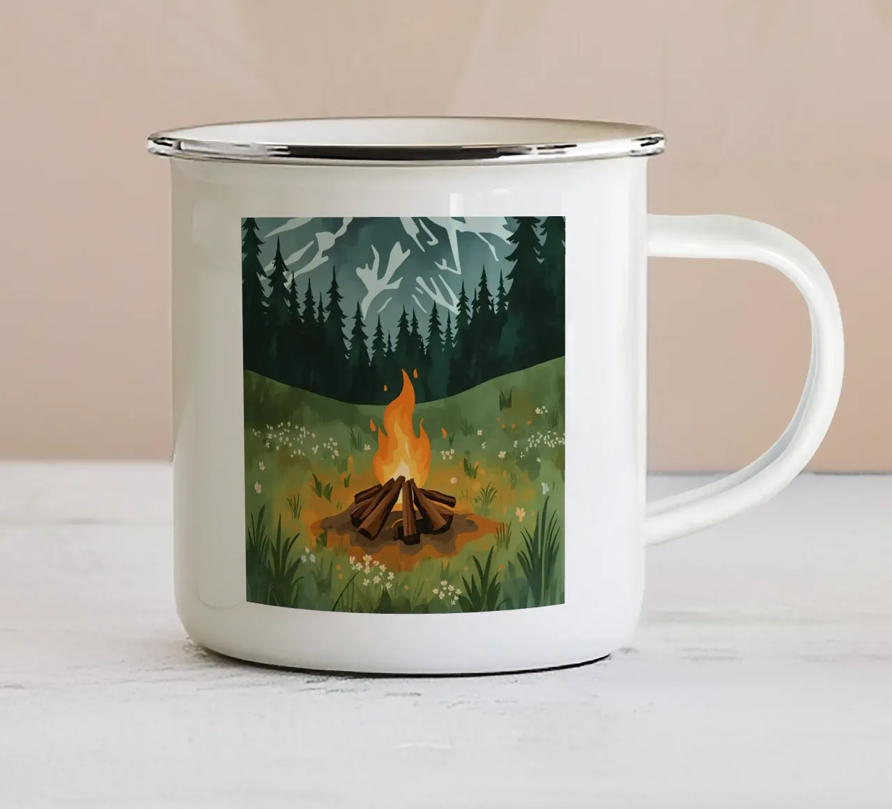 Falò in un prato di montagna tazza in smalto da DesignDoodle