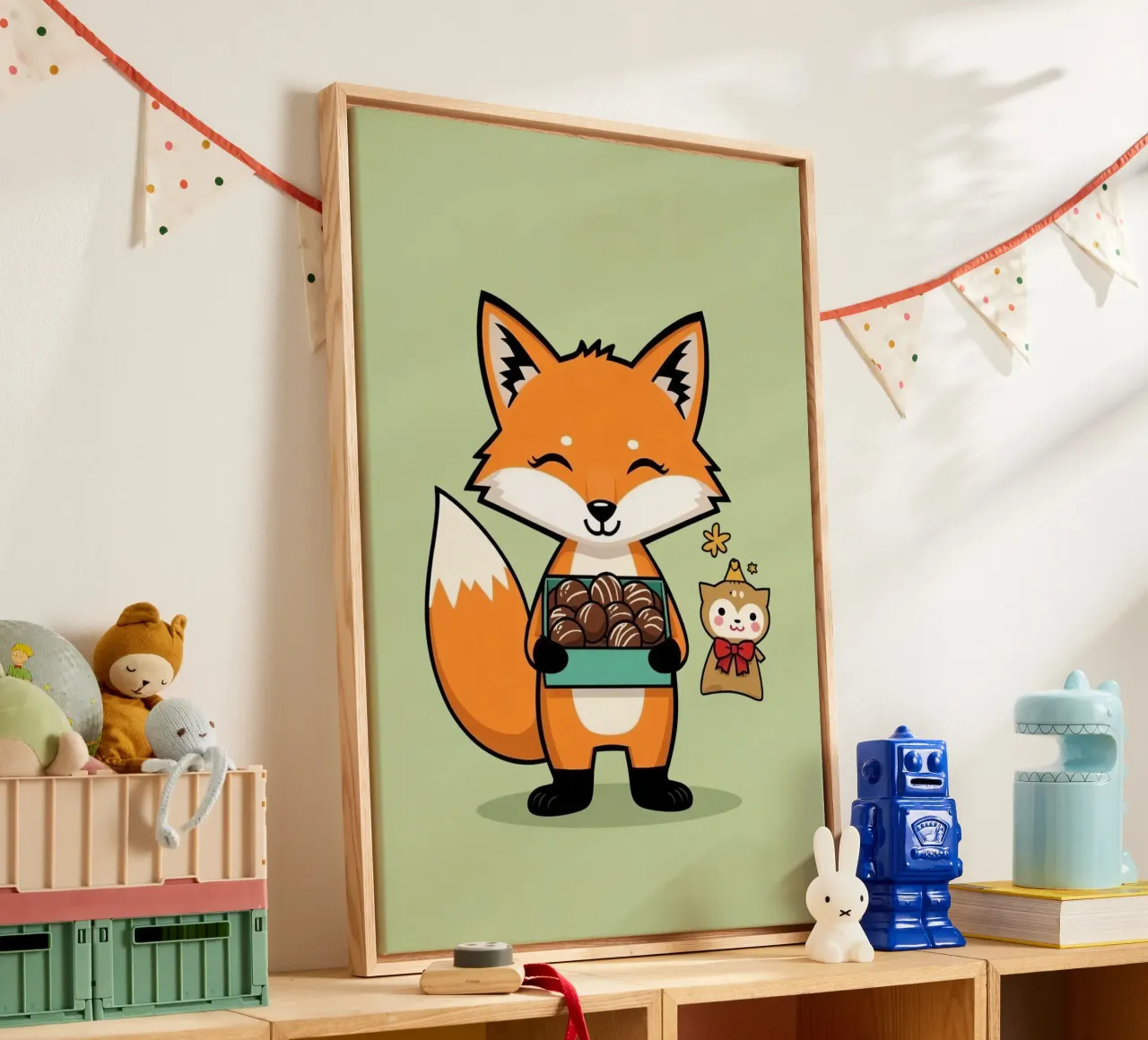 Lindo zorro de dibujos animados sosteniendo chocolates con un amigo de compañía lienzo con Marco flotante de DesignDoodle