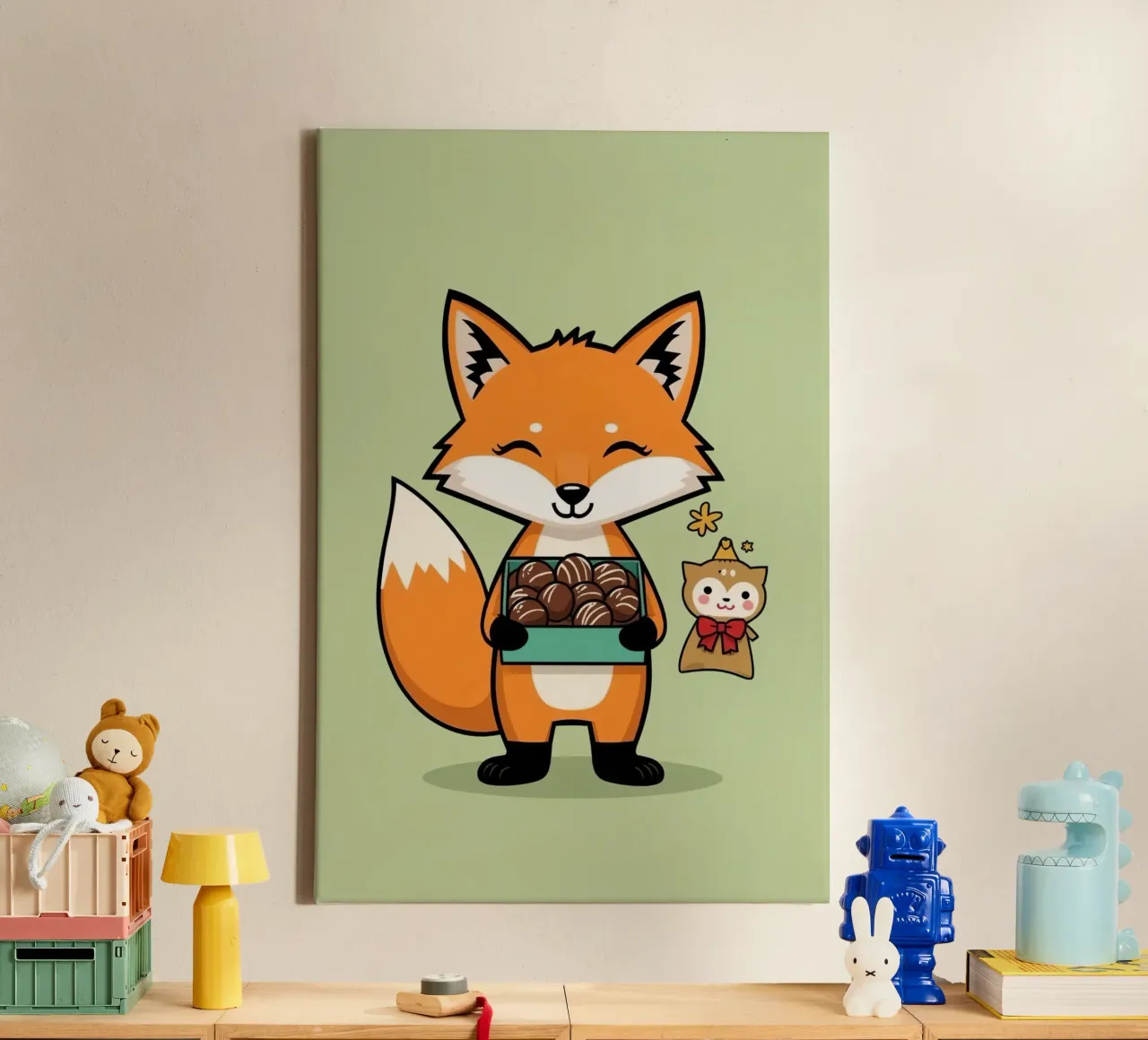 Lindo zorro de dibujos animados sosteniendo chocolates con un amigo de compañía lienzo con Marco flotante de DesignDoodle
